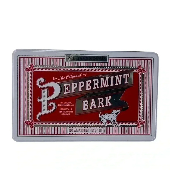 WILLIAMS SONOMA PEPPERMINT BARK DECORATIVE METAL TIN W/ LIF EMPTY CHRISTMAS - Picture 1 of 8